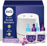 Febreze Plug Scent Booster Air Freshener Oil Diffuser + 2 Downy Calm Refill | Plug-in oil diffuser with Downy Calm refill. Boosts scent for 40 mins. Long cord for flexible placement. Fits every home.