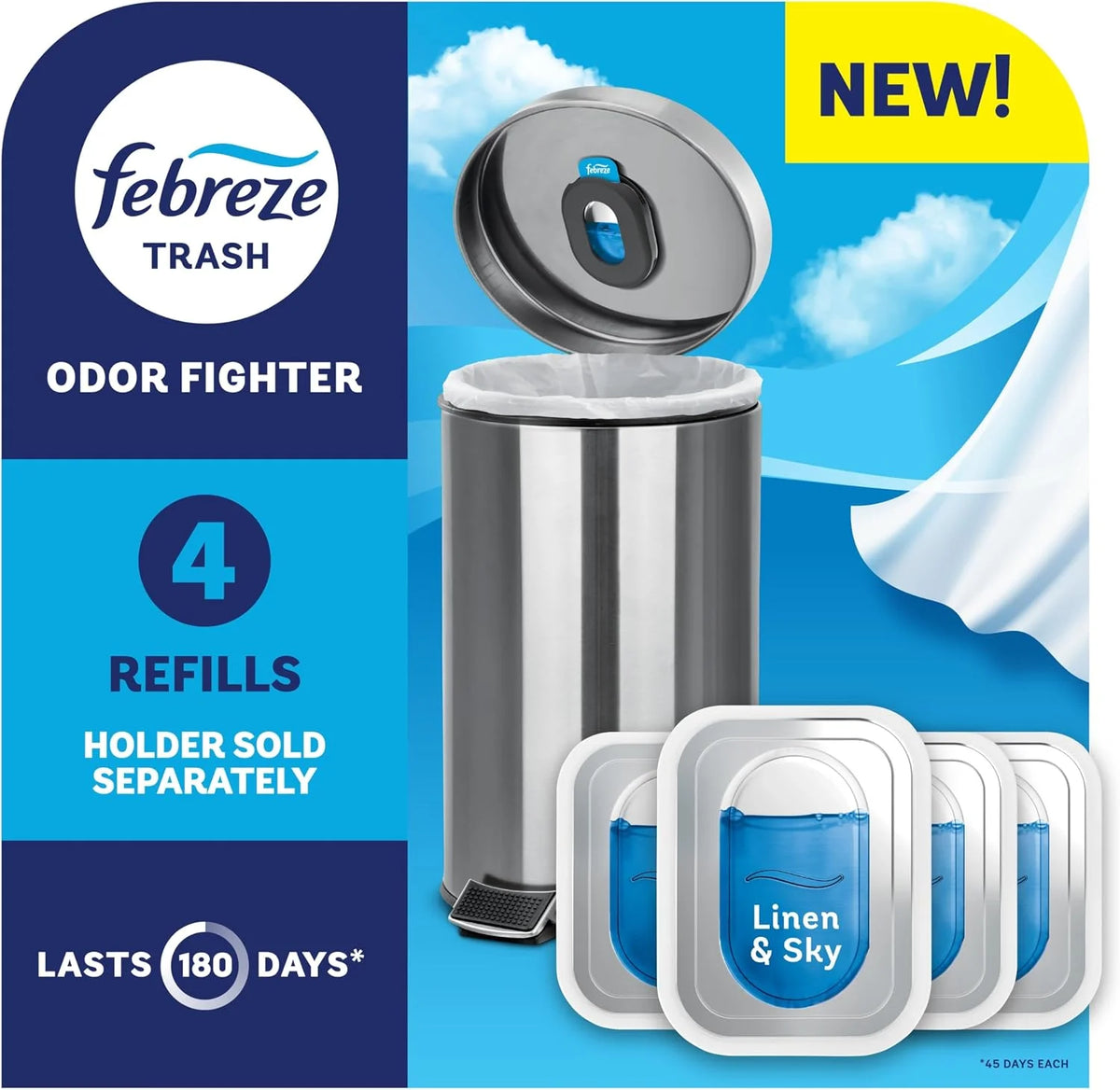 Febreze Trash Odor Fighter, Trash Can Air Freshener, Stick-On Deodorizer for Garbage Cans, Diaper Pails, Works with Scented Trash Bags, Linen & Sky Scent, 4 Refills (Holder Sold Separately)